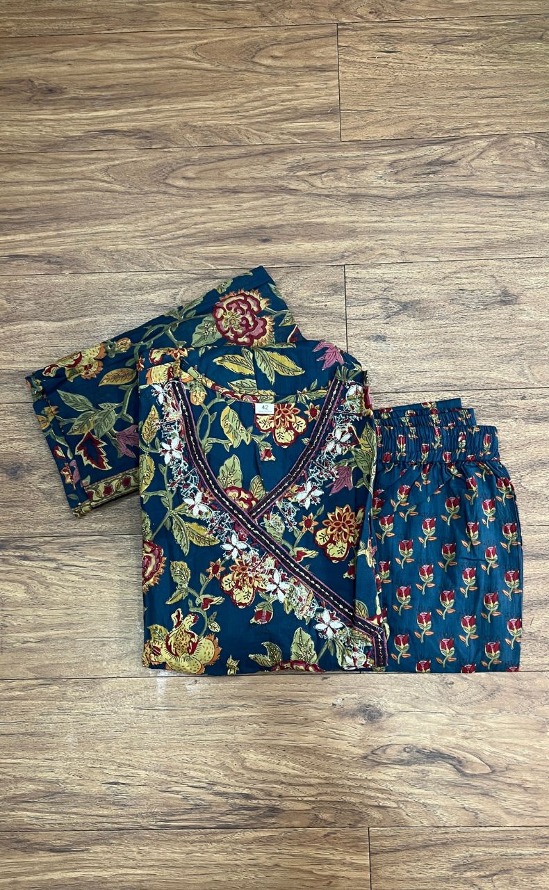 Navy Blue Garden Jaipur Cotton Kurti With Pant And Dupatta Set.Pure Versatile Cotton. | Laces and Frills - Laces and Frills