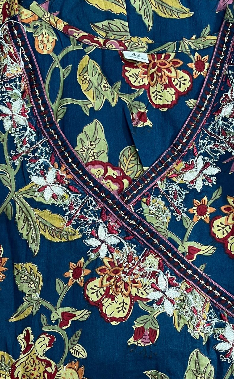 Navy Blue Garden Jaipur Cotton Kurti With Pant And Dupatta Set.Pure Versatile Cotton. | Laces and Frills - Laces and Frills