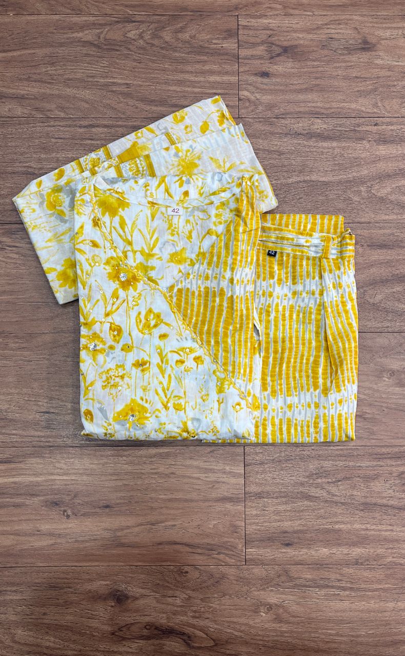 Yellow Floral Jaipur Cotton Kurti With Pant And Dupatta Set.Pure Versatile Cotton. | Laces and Frills - Laces and Frills