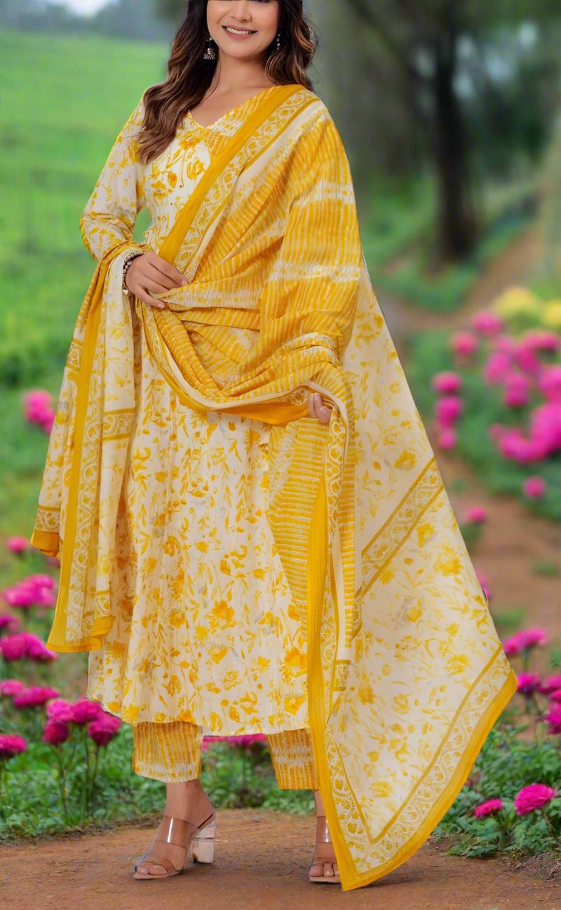 Yellow Floral Jaipur Cotton Kurti With Pant And Dupatta Set.Pure Versatile Cotton. | Laces and Frills - Laces and Frills