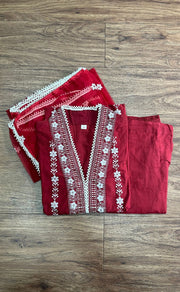 Maroon Flora Jaipur Cotton Kurti With Pant And Dupatta Set.Pure Versatile Cotton. | Laces and Frills - Laces and Frills