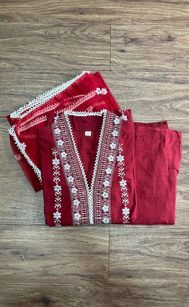 Maroon Flora Jaipur Cotton Kurti With Pant And Dupatta Set.Pure Versatile Cotton. | Laces and Frills - Laces and Frills