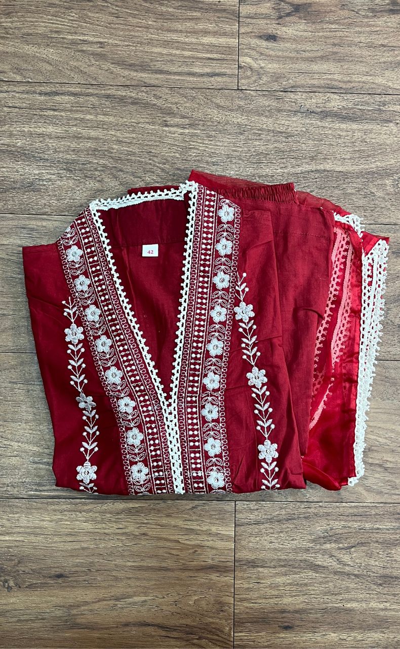 Maroon Flora Jaipur Cotton Kurti With Pant And Dupatta Set.Pure Versatile Cotton. | Laces and Frills - Laces and Frills