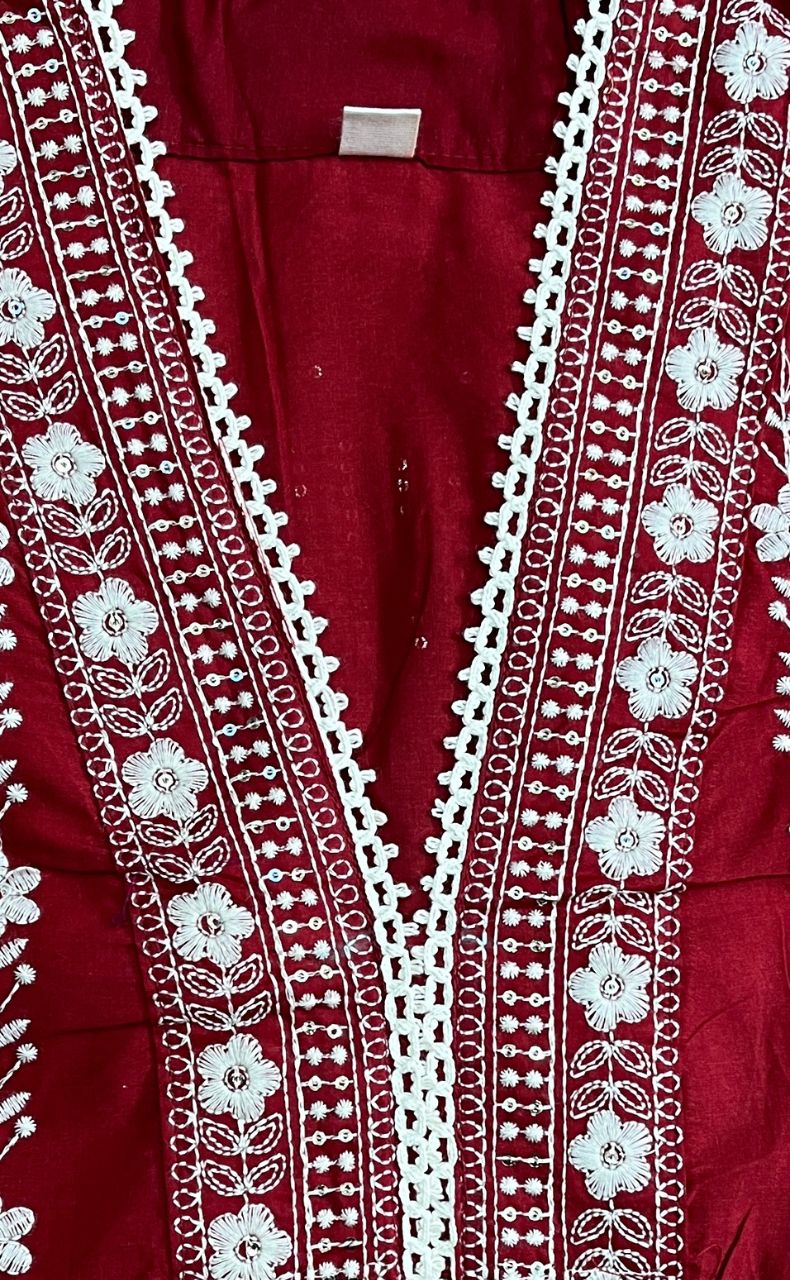Maroon Flora Jaipur Cotton Kurti With Pant And Dupatta Set.Pure Versatile Cotton. | Laces and Frills - Laces and Frills