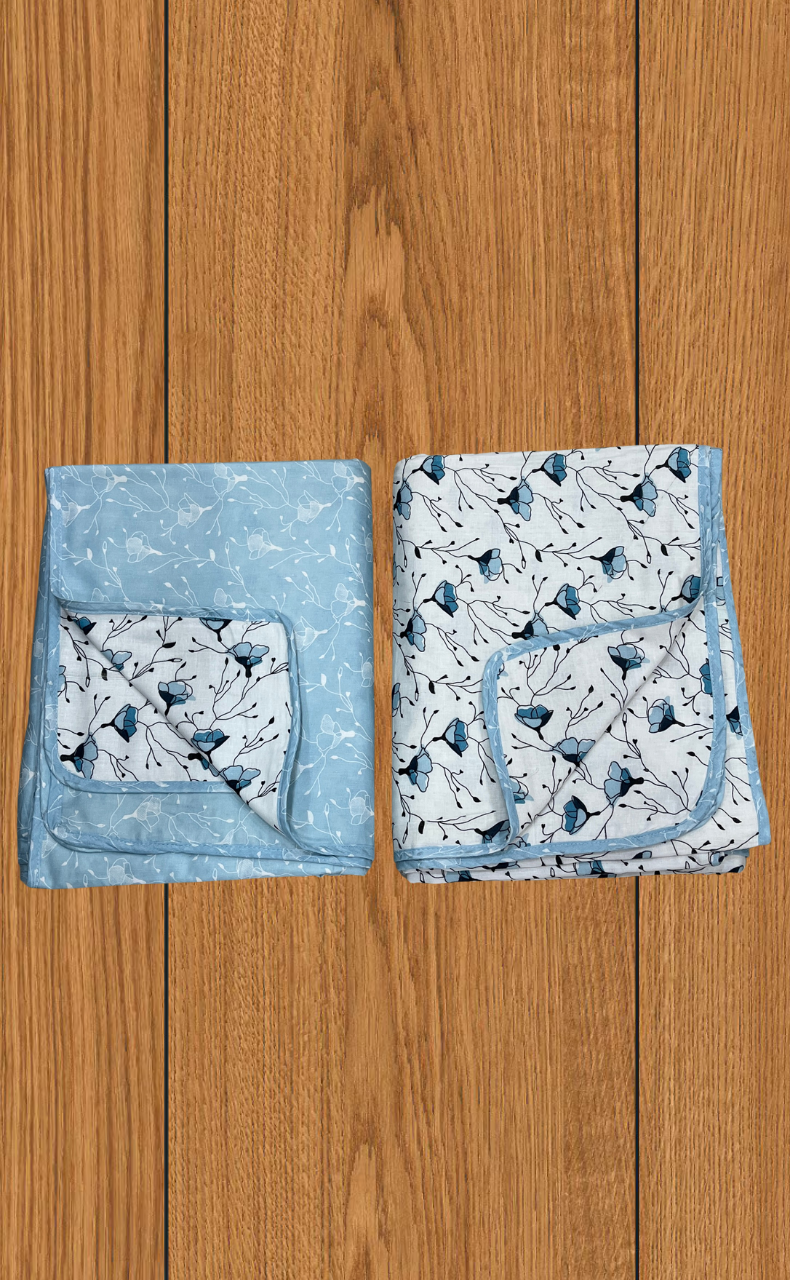 Blanket | Dohar. Sky Blue Flora soft & Cozy. Two Pc Single bed | Laces and Frills