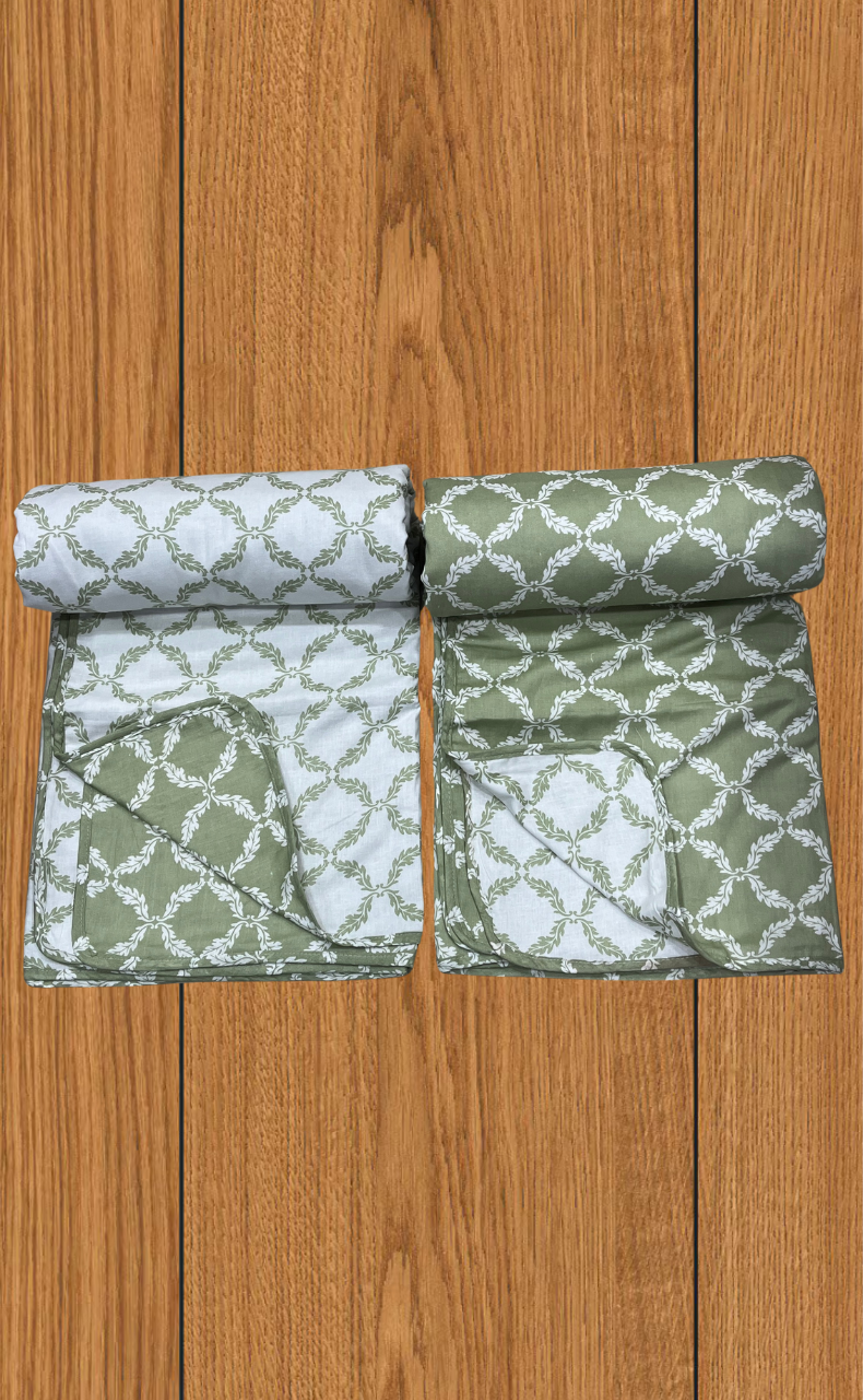 Blanket | Dohar. Pista Green Leafy soft & Cozy. Two Pc Single bed | Laces and Frills