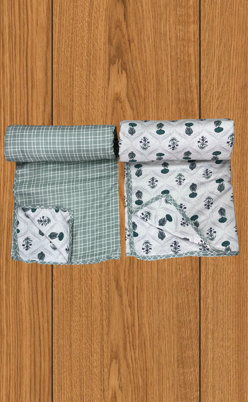 Blanket | Dohar. Pista Green Flora soft & Cozy. Two Pc Single bed | Laces and Frills