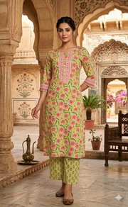 Green Garden 2 Piece set Jaipur Cotton Kurti With Palazzo set . Pure Versatile Cotton. | Laces and Frills - Laces and Frills