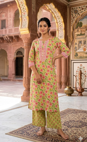 Green Garden 2 Piece set Jaipur Cotton Kurti With Palazzo set . Pure Versatile Cotton. | Laces and Frills - Laces and Frills
