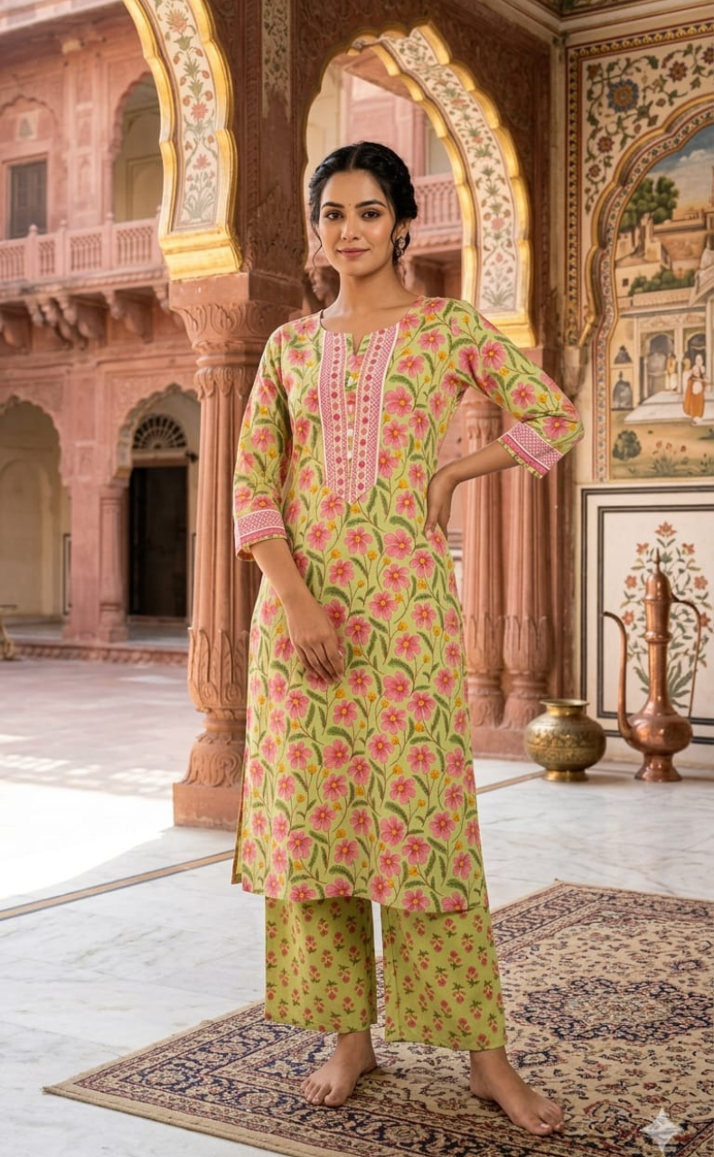 Green Garden 2 Piece set Jaipur Cotton Kurti With Palazzo set . Pure Versatile Cotton. | Laces and Frills - Laces and Frills