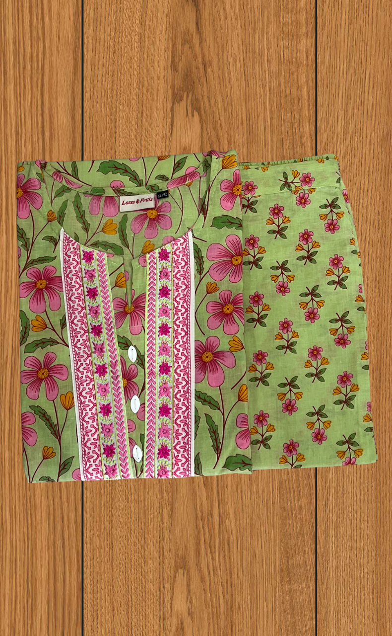 Green Garden 2 Piece set Jaipur Cotton Kurti With Palazzo set . Pure Versatile Cotton. | Laces and Frills - Laces and Frills