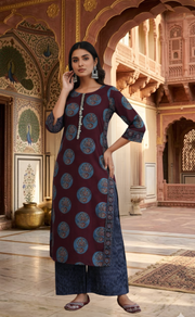 Dark Wine Colour Floral 2 Piece set Jaipur Cotton Kurti With Palazzo set . Pure Versatile Cotton. | Laces and Frills - Laces and Frills