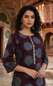 Dark Wine Colour Floral 2 Piece set Jaipur Cotton Kurti With Palazzo set . Pure Versatile Cotton. | Laces and Frills - Laces and Frills