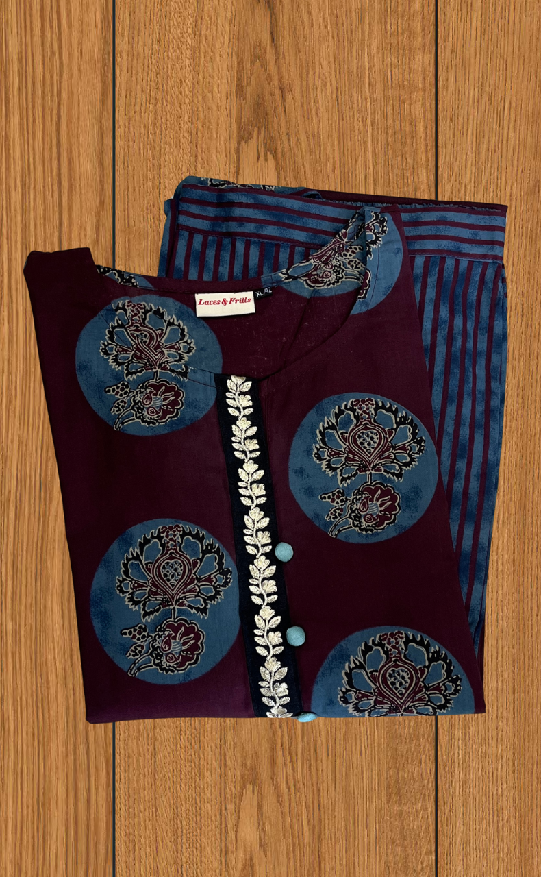 Dark Wine Colour Floral 2 Piece set Jaipur Cotton Kurti With Palazzo set . Pure Versatile Cotton. | Laces and Frills - Laces and Frills