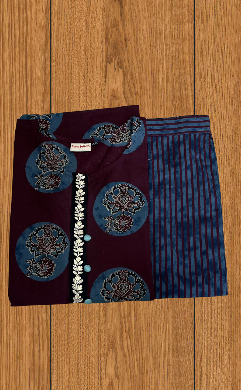 Dark Wine Colour Floral 2 Piece set Jaipur Cotton Kurti With Palazzo set . Pure Versatile Cotton. | Laces and Frills - Laces and Frills