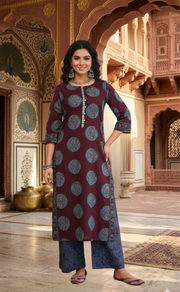 Dark Wine Colour Floral 2 Piece set Jaipur Cotton Kurti With Palazzo set . Pure Versatile Cotton. | Laces and Frills - Laces and Frills