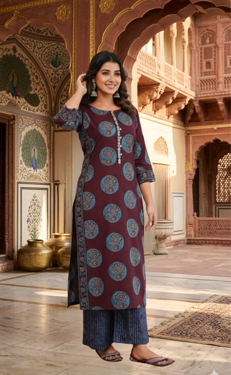 Dark Wine Colour Floral 2 Piece set Jaipur Cotton Kurti With Palazzo set . Pure Versatile Cotton. | Laces and Frills - Laces and Frills