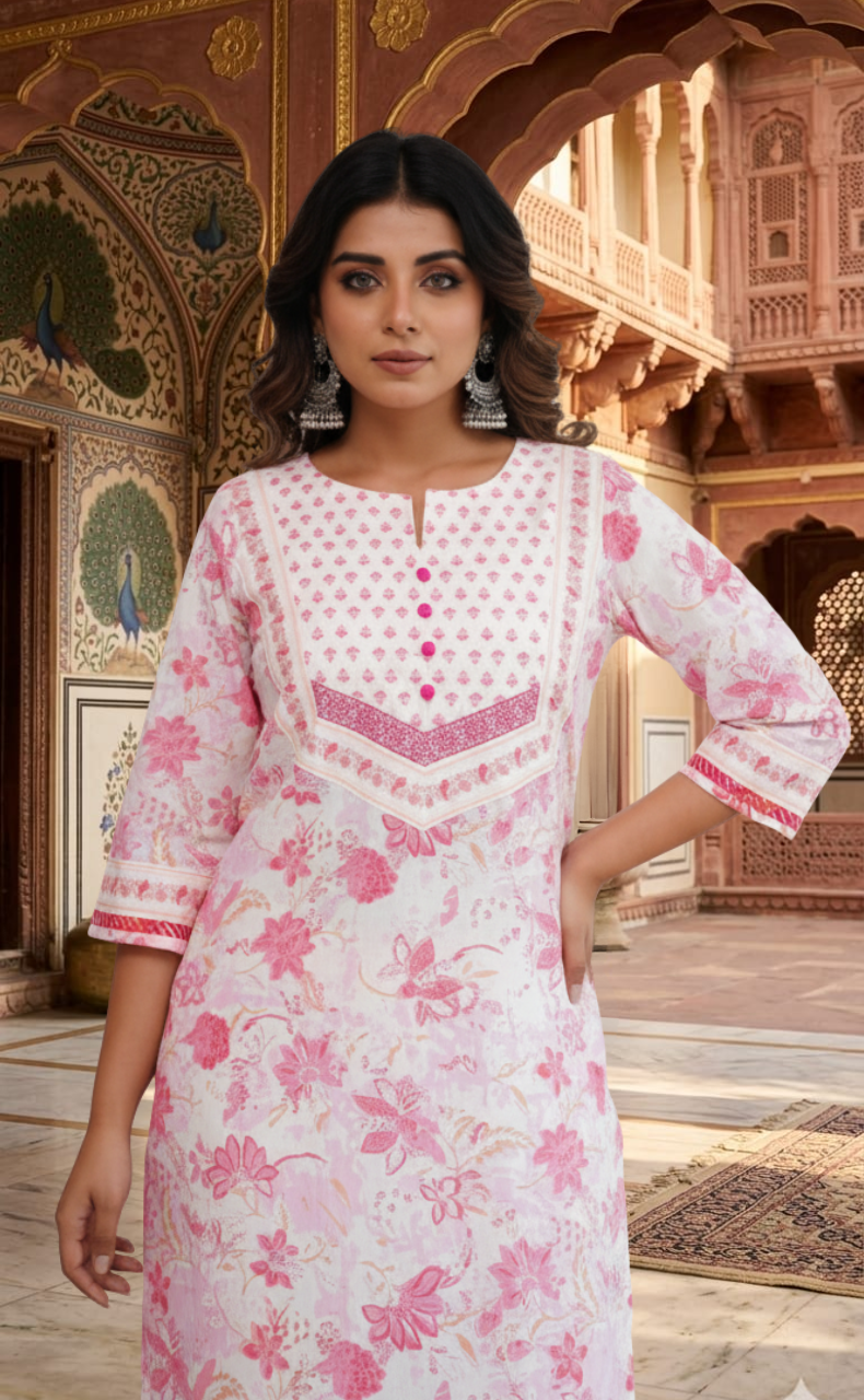Pink Garden 2 Piece set Jaipur Cotton Kurti With Palazzo set . Pure Versatile Cotton. | Laces and Frills - Laces and Frills