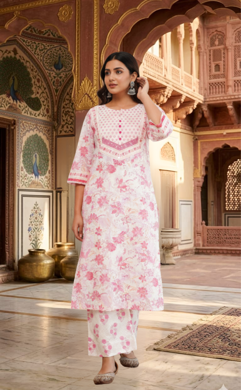 Pink Garden 2 Piece set Jaipur Cotton Kurti With Palazzo set . Pure Versatile Cotton. | Laces and Frills - Laces and Frills