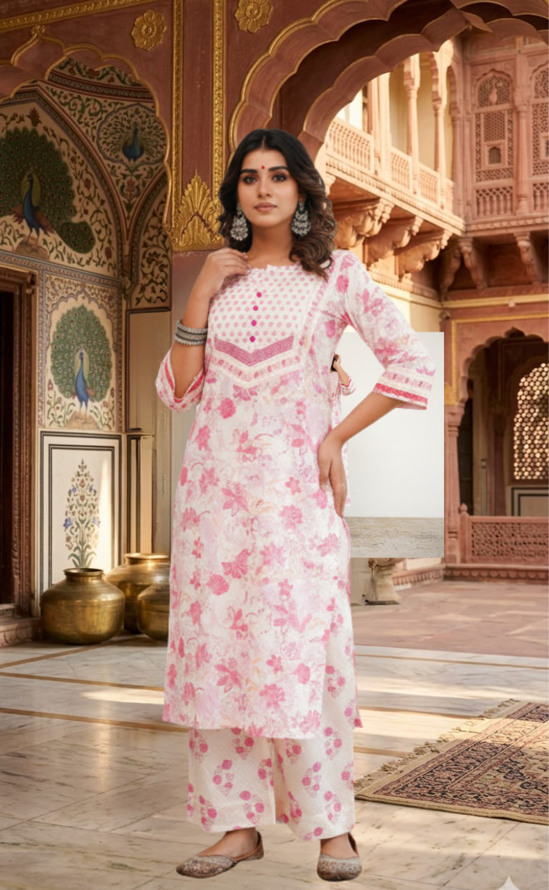 Pink Garden 2 Piece set Jaipur Cotton Kurti With Palazzo set . Pure Versatile Cotton. | Laces and Frills - Laces and Frills