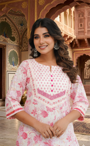 Pink Garden 2 Piece set Jaipur Cotton Kurti With Palazzo set . Pure Versatile Cotton. | Laces and Frills - Laces and Frills