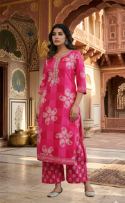 Rani Pink Paisley Print 2 Piece set Jaipur Cotton Kurti With Palazzo set . Pure Versatile Cotton. | Laces and Frills - Laces and Frills