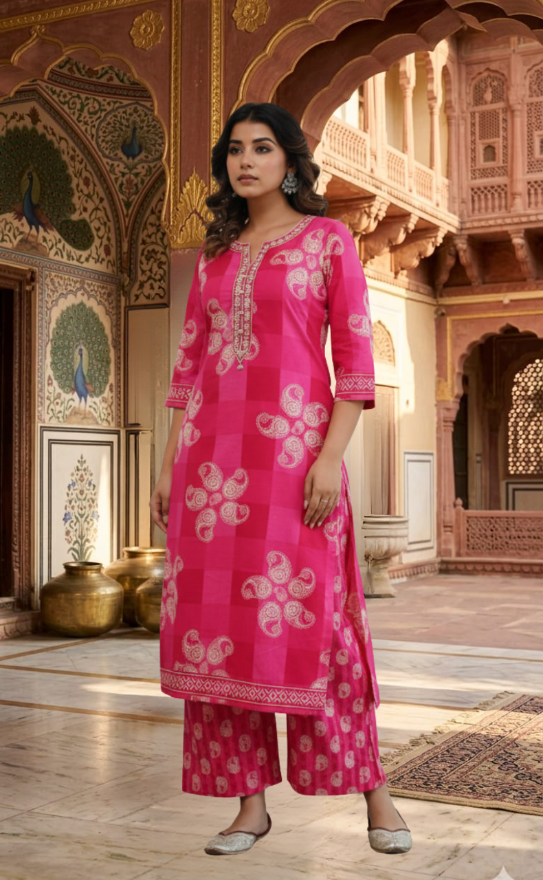 Rani Pink Paisley Print 2 Piece set Jaipur Cotton Kurti With Palazzo set . Pure Versatile Cotton. | Laces and Frills - Laces and Frills