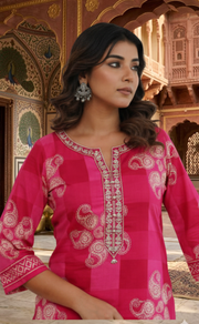 Rani Pink Paisley Print 2 Piece set Jaipur Cotton Kurti With Palazzo set . Pure Versatile Cotton. | Laces and Frills - Laces and Frills