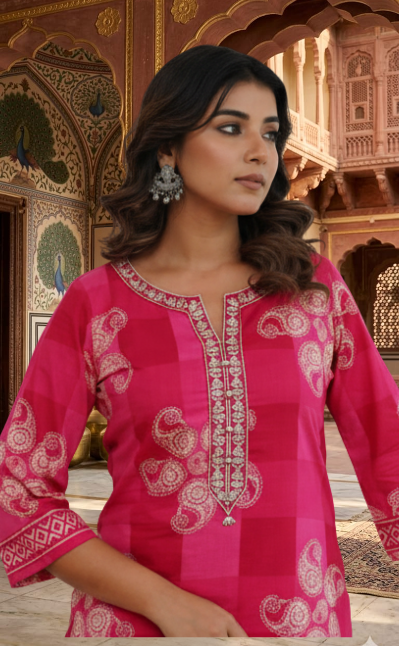 Rani Pink Paisley Print 2 Piece set Jaipur Cotton Kurti With Palazzo set . Pure Versatile Cotton. | Laces and Frills - Laces and Frills