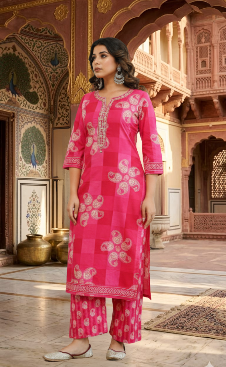 Rani Pink Paisley Print 2 Piece set Jaipur Cotton Kurti With Palazzo set . Pure Versatile Cotton. | Laces and Frills - Laces and Frills