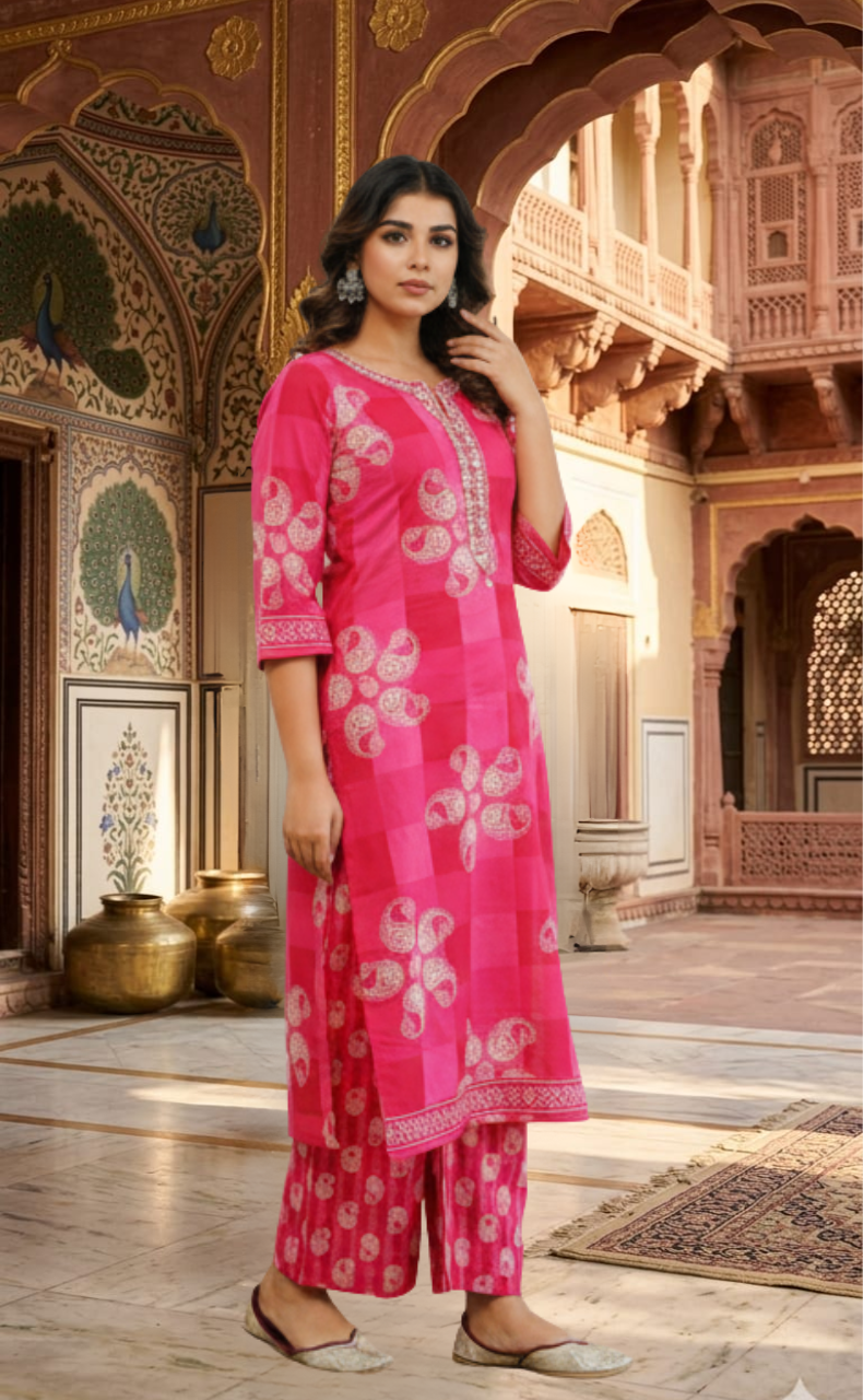 Rani Pink Paisley Print 2 Piece set Jaipur Cotton Kurti With Palazzo set . Pure Versatile Cotton. | Laces and Frills - Laces and Frills