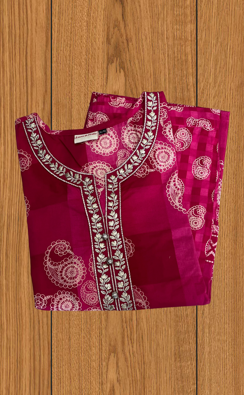 Rani Pink Paisley Print 2 Piece set Jaipur Cotton Kurti With Palazzo set . Pure Versatile Cotton. | Laces and Frills - Laces and Frills