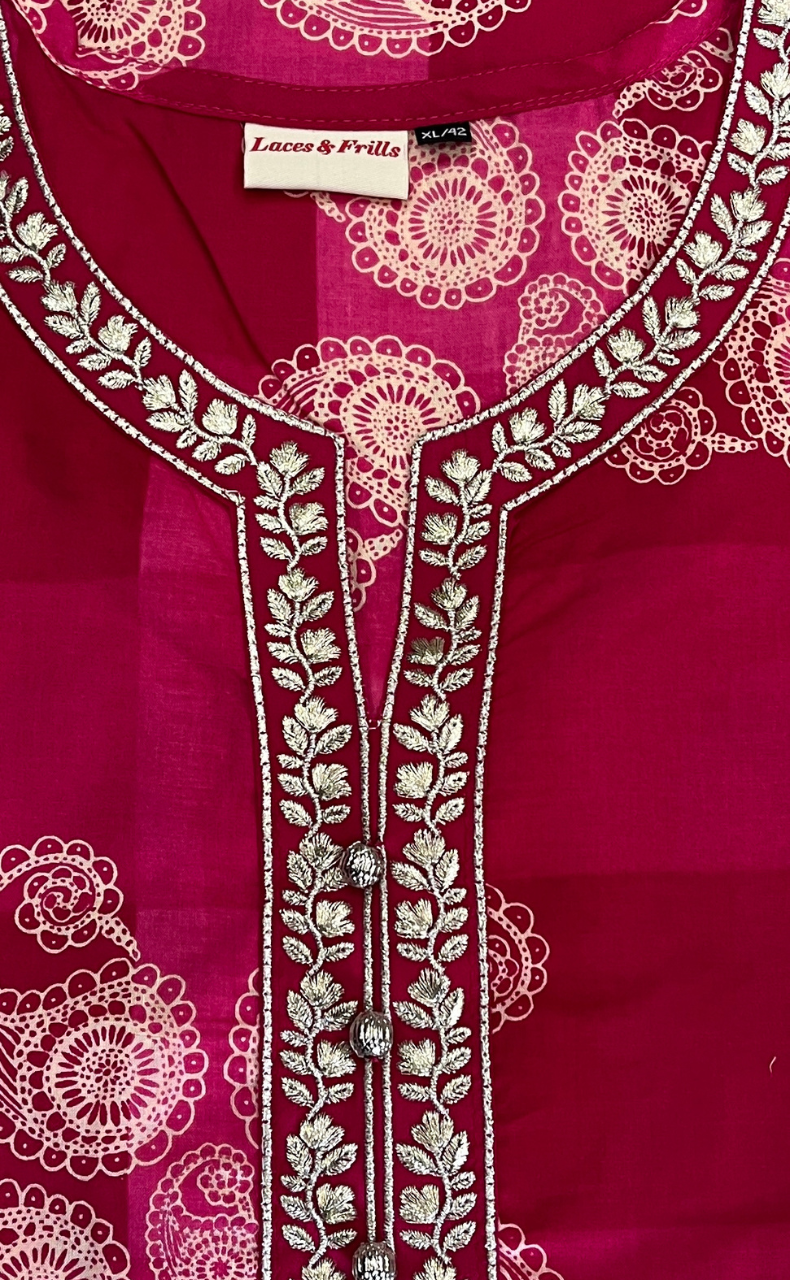 Rani Pink Paisley Print 2 Piece set Jaipur Cotton Kurti With Palazzo set . Pure Versatile Cotton. | Laces and Frills - Laces and Frills