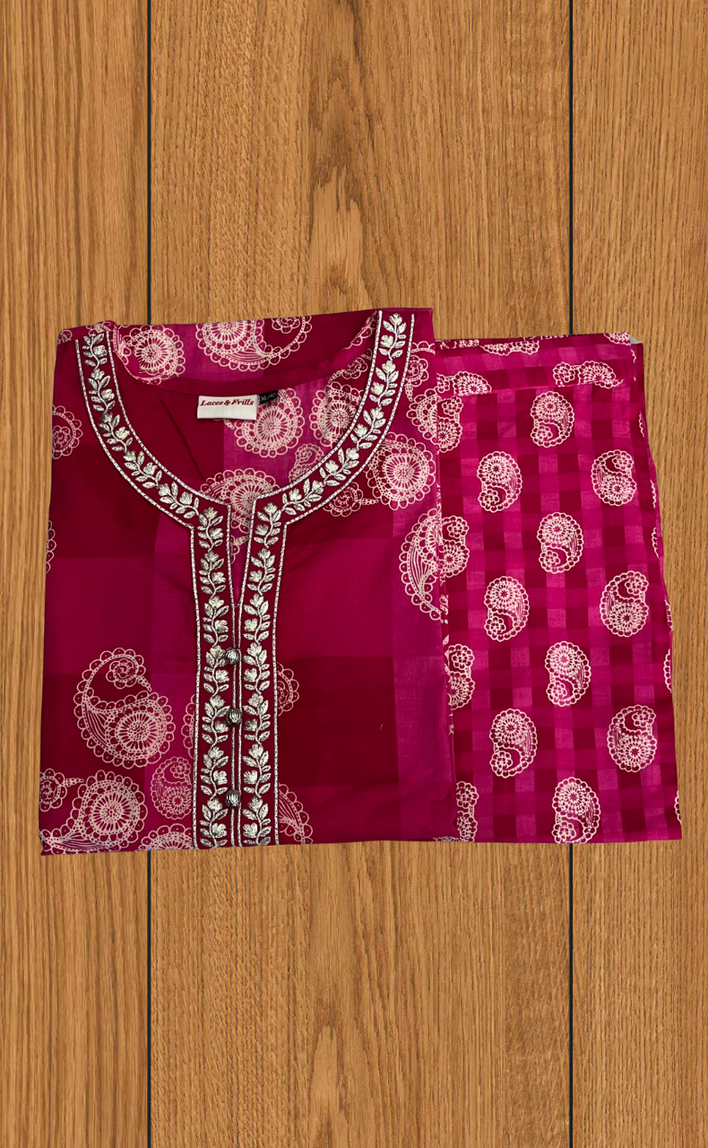 Rani Pink Paisley Print 2 Piece set Jaipur Cotton Kurti With Palazzo set . Pure Versatile Cotton. | Laces and Frills - Laces and Frills