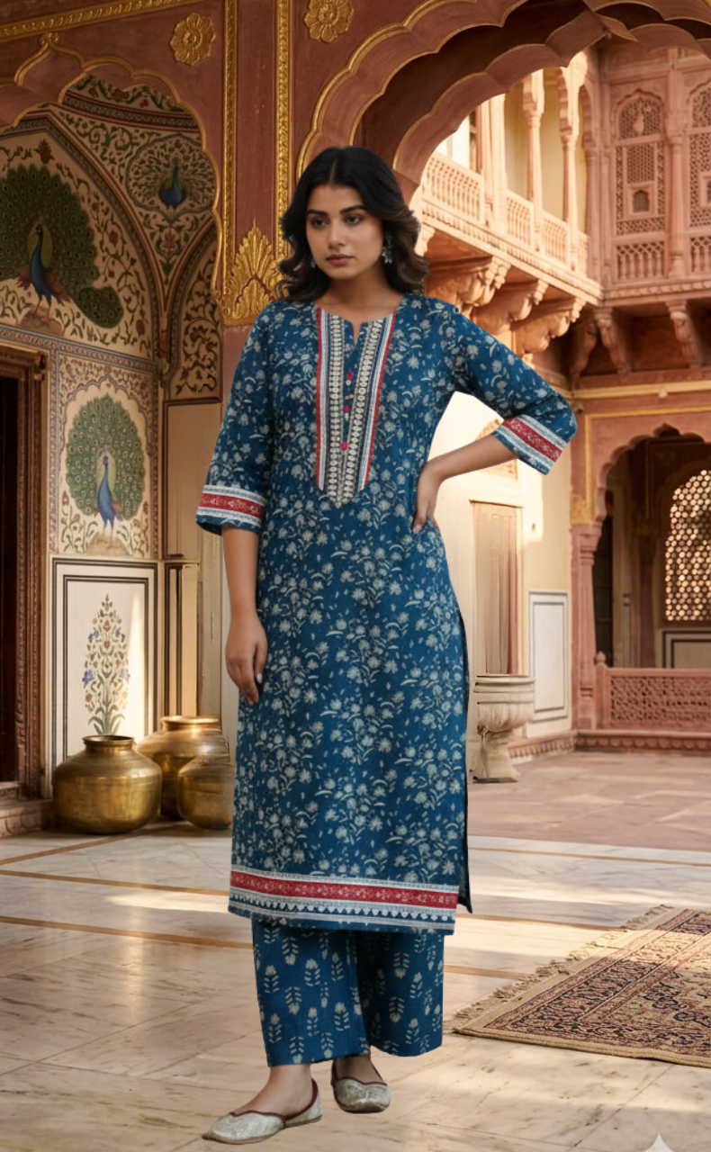 Indigo Blue Flora 2 Piece set Jaipur Cotton Kurti With Palazzo set . Pure Versatile Cotton. | Laces and Frills - Laces and Frills