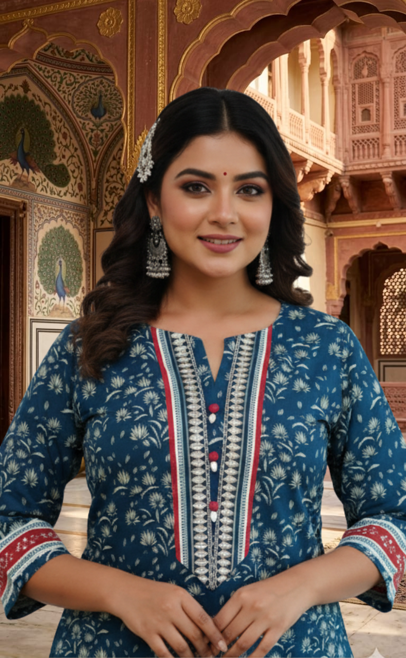 Indigo Blue Flora 2 Piece set Jaipur Cotton Kurti With Palazzo set . Pure Versatile Cotton. | Laces and Frills - Laces and Frills