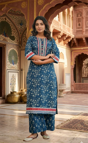 Indigo Blue Flora 2 Piece set Jaipur Cotton Kurti With Palazzo set . Pure Versatile Cotton. | Laces and Frills - Laces and Frills