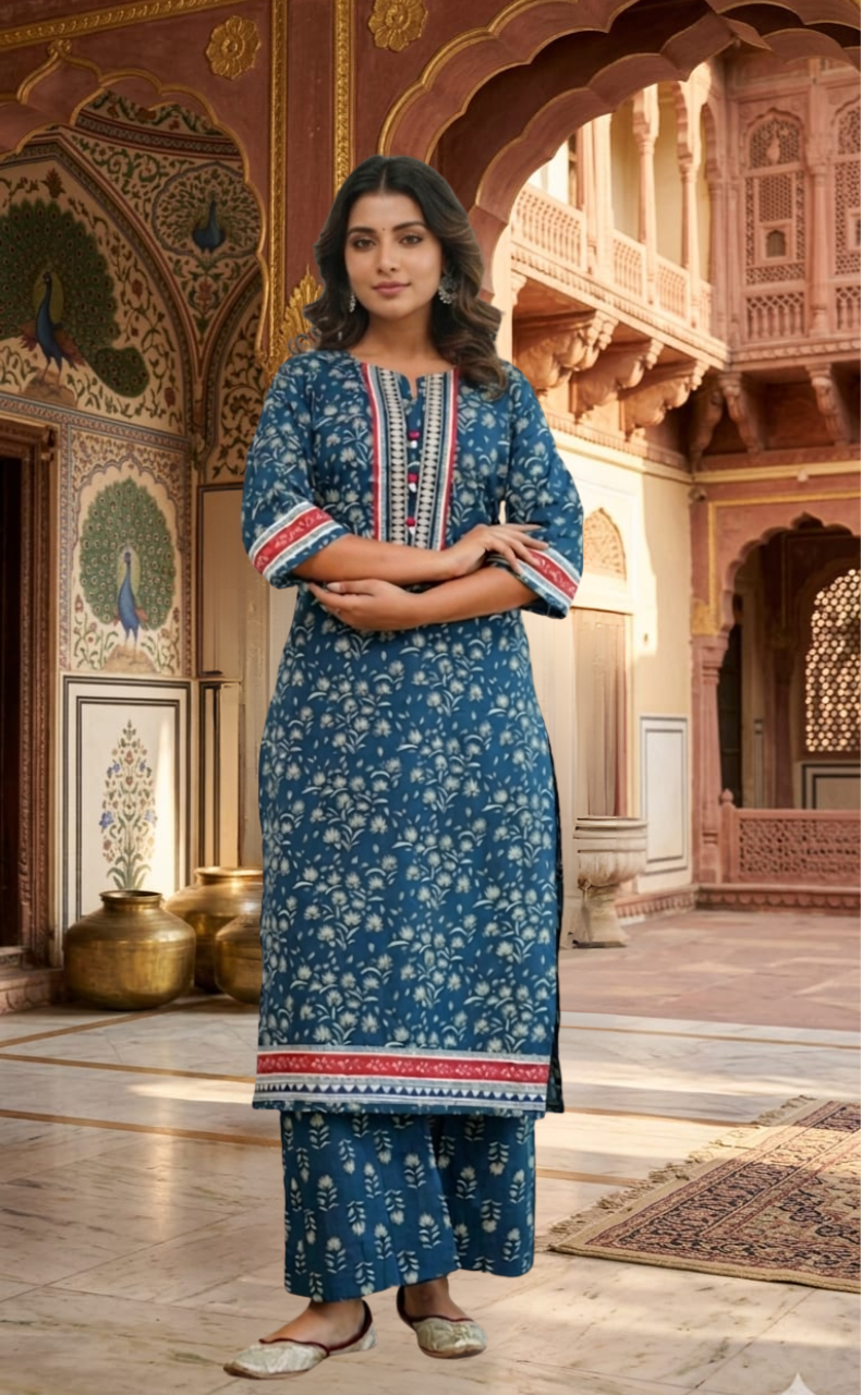 Indigo Blue Flora 2 Piece set Jaipur Cotton Kurti With Palazzo set . Pure Versatile Cotton. | Laces and Frills - Laces and Frills