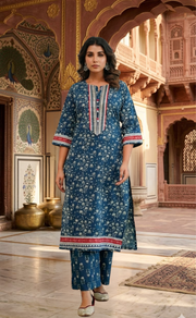 Indigo Blue Flora 2 Piece set Jaipur Cotton Kurti With Palazzo set . Pure Versatile Cotton. | Laces and Frills - Laces and Frills