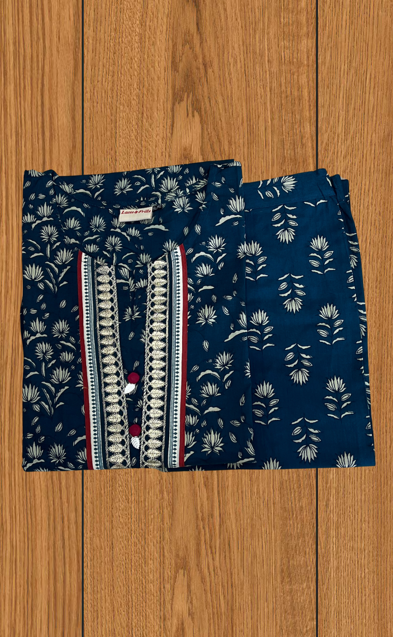 Indigo Blue Flora 2 Piece set Jaipur Cotton Kurti With Palazzo set . Pure Versatile Cotton. | Laces and Frills - Laces and Frills