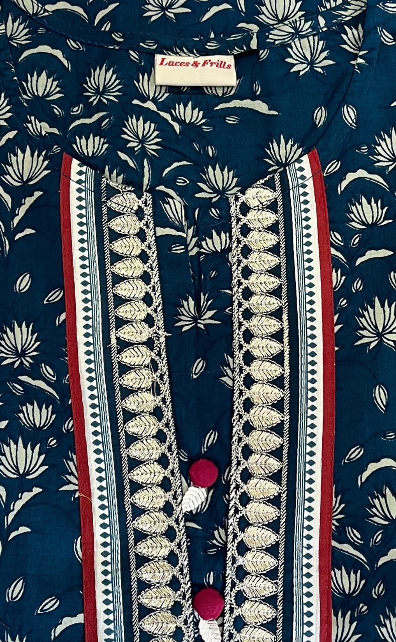 Indigo Blue Flora 2 Piece set Jaipur Cotton Kurti With Palazzo set . Pure Versatile Cotton. | Laces and Frills - Laces and Frills