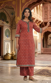 Rust Maroon Flora 2 Piece set Jaipur Cotton Kurti With Palazzo set . Pure Versatile Cotton. | Laces and Frills - Laces and Frills