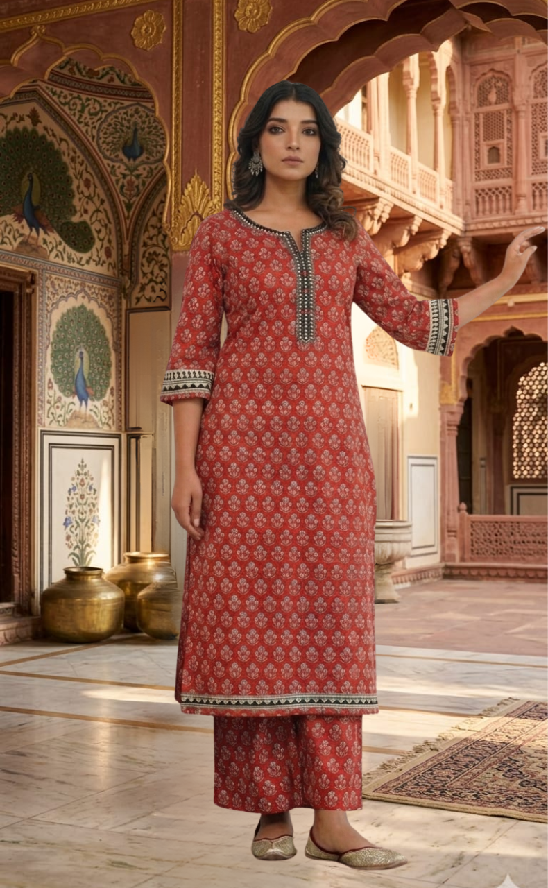 Rust Maroon Flora 2 Piece set Jaipur Cotton Kurti With Palazzo set . Pure Versatile Cotton. | Laces and Frills - Laces and Frills