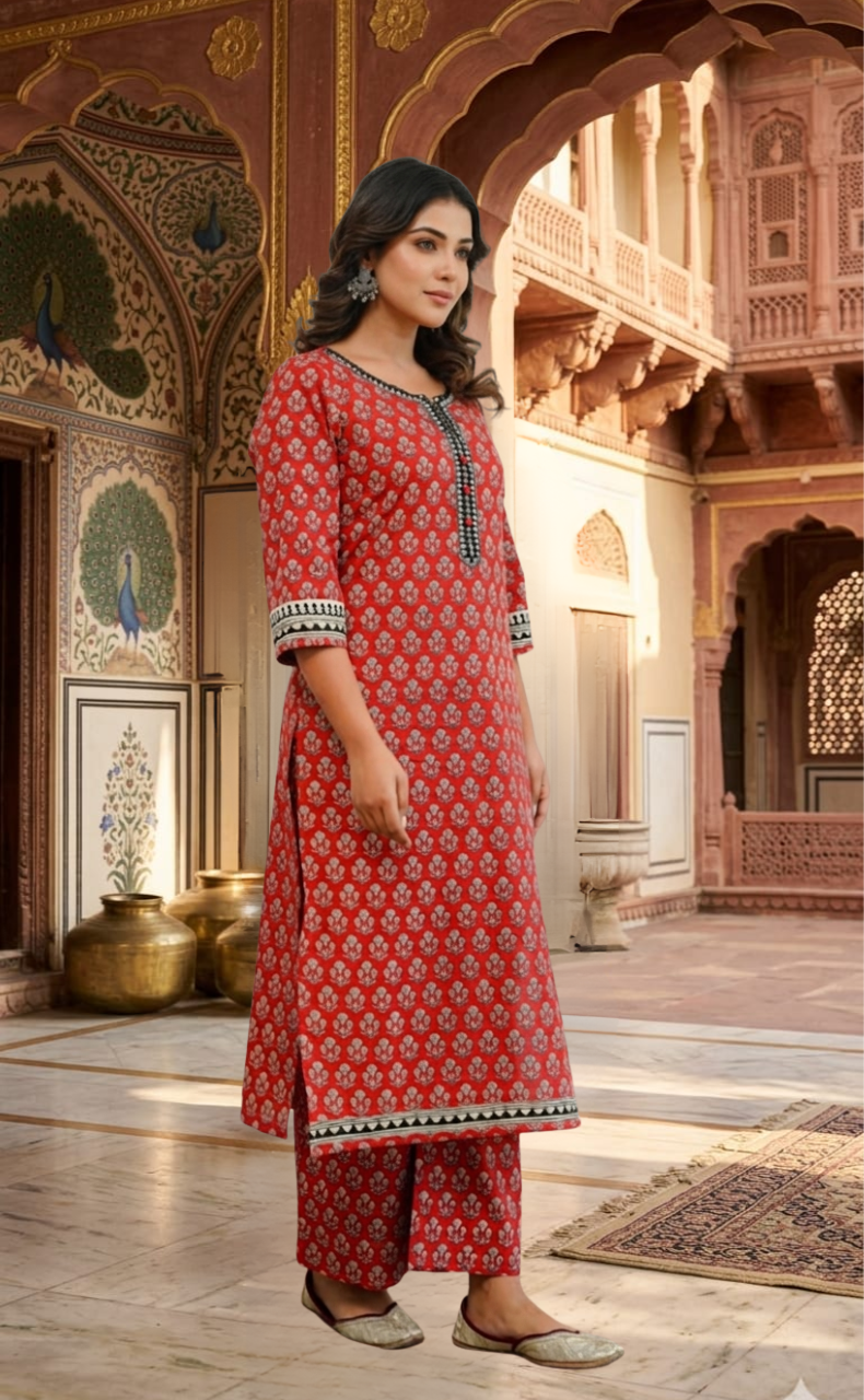 Rust Maroon Flora 2 Piece set Jaipur Cotton Kurti With Palazzo set . Pure Versatile Cotton. | Laces and Frills - Laces and Frills