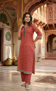 Rust Maroon Flora 2 Piece set Jaipur Cotton Kurti With Palazzo set . Pure Versatile Cotton. | Laces and Frills - Laces and Frills
