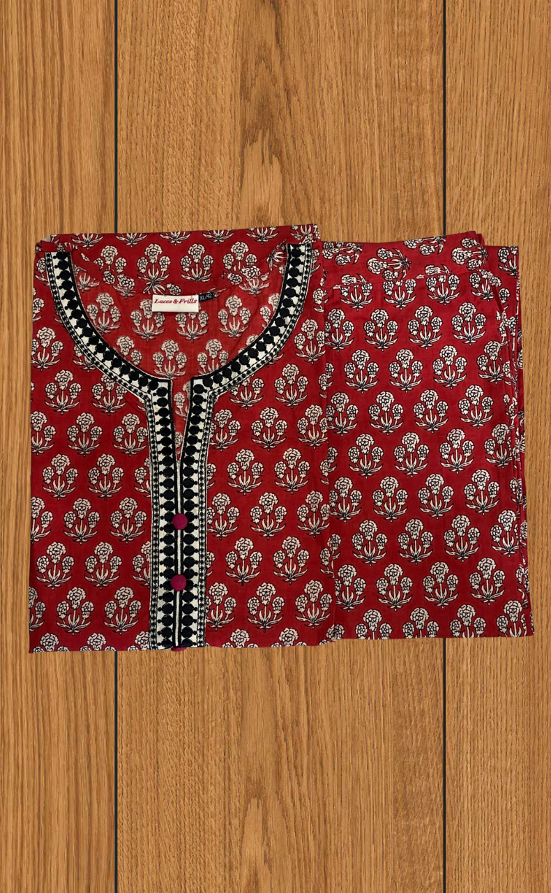 Rust Maroon Flora 2 Piece set Jaipur Cotton Kurti With Palazzo set . Pure Versatile Cotton. | Laces and Frills - Laces and Frills