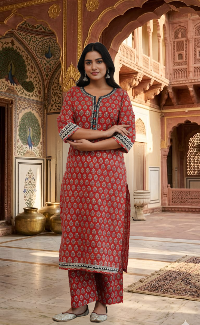 Rust Maroon Flora 2 Piece set Jaipur Cotton Kurti With Palazzo set . Pure Versatile Cotton. | Laces and Frills - Laces and Frills