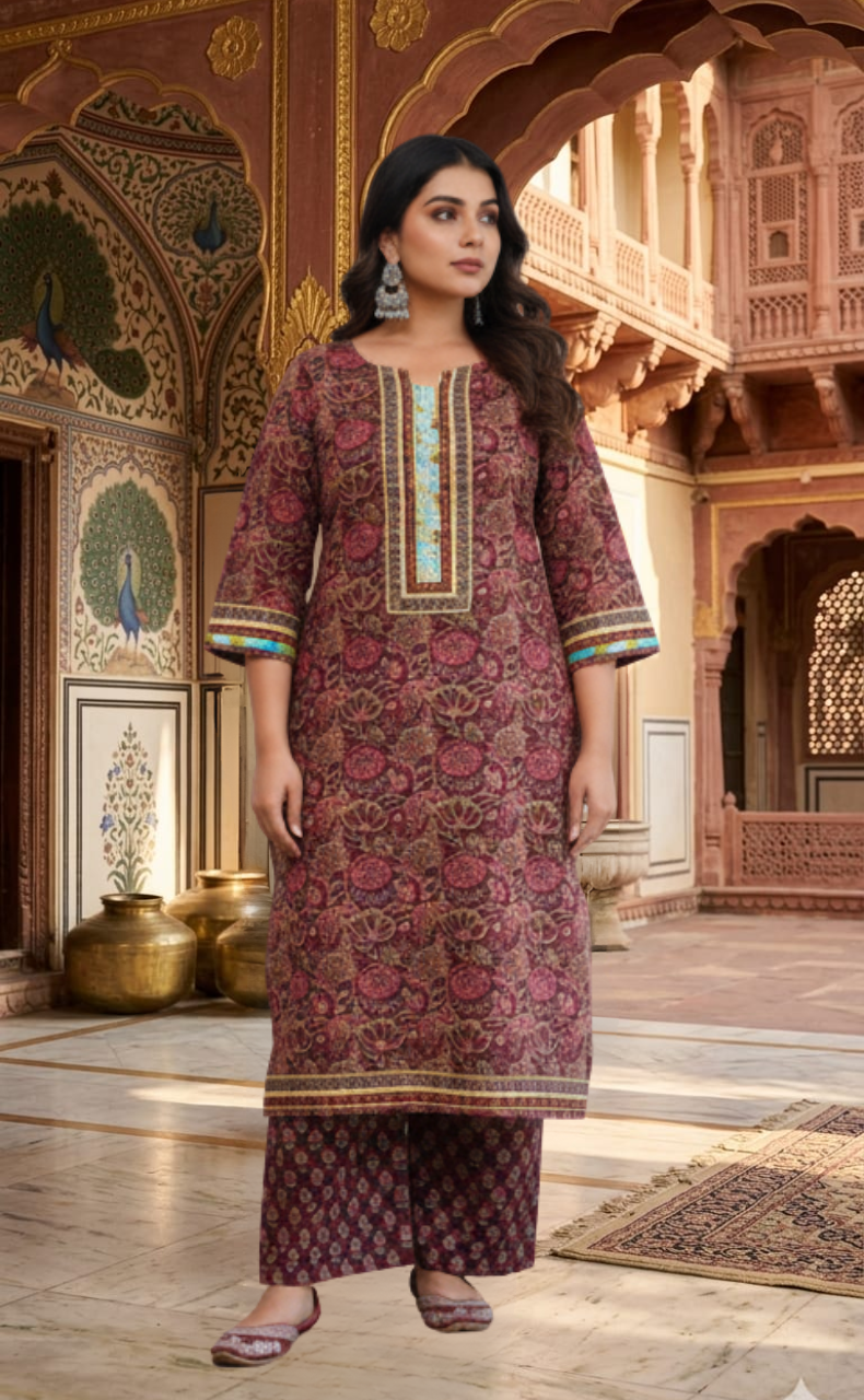 Maroon Garden 2 Piece set Jaipur Cotton Kurti With Palazzo set . Pure Versatile Cotton. | Laces and Frills - Laces and Frills