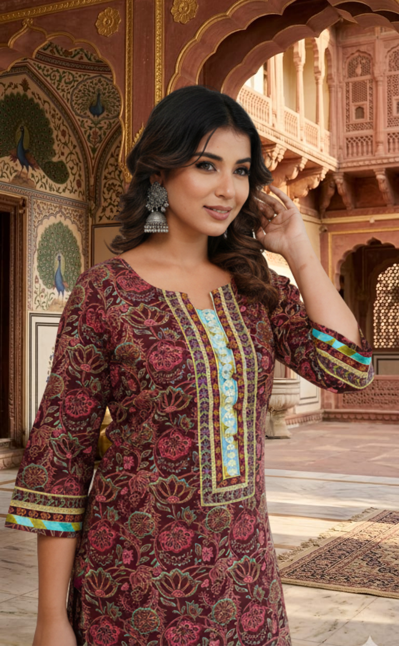 Maroon Garden 2 Piece set Jaipur Cotton Kurti With Palazzo set . Pure Versatile Cotton. | Laces and Frills - Laces and Frills
