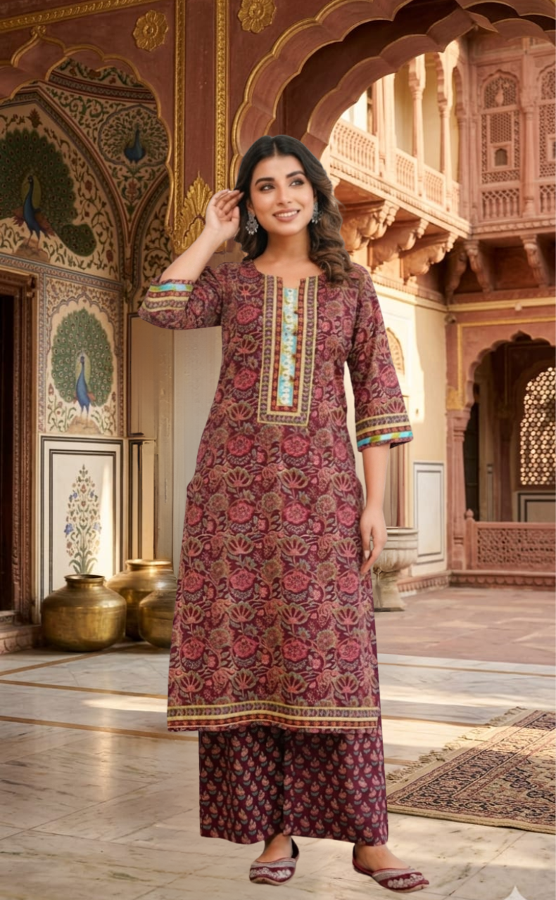 Maroon Garden 2 Piece set Jaipur Cotton Kurti With Palazzo set . Pure Versatile Cotton. | Laces and Frills - Laces and Frills